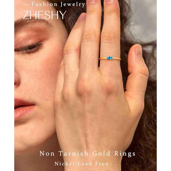 Women Blue/gold Non Tarnish Dainty 14k Gold Plated Baguette Emerald Stone Ring - Picture 2 of 7